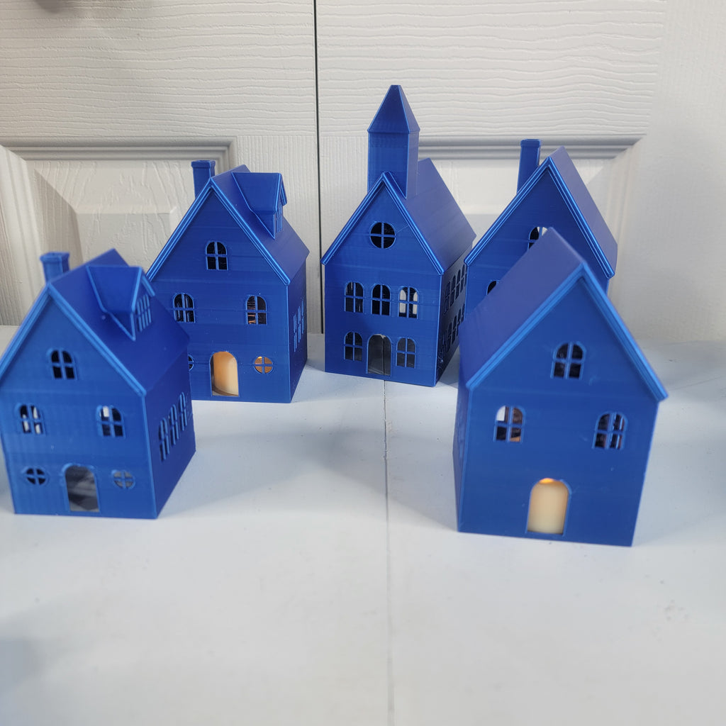 Blue Mini Village House Set – 3D Printed LED Light Houses | LMP Creations