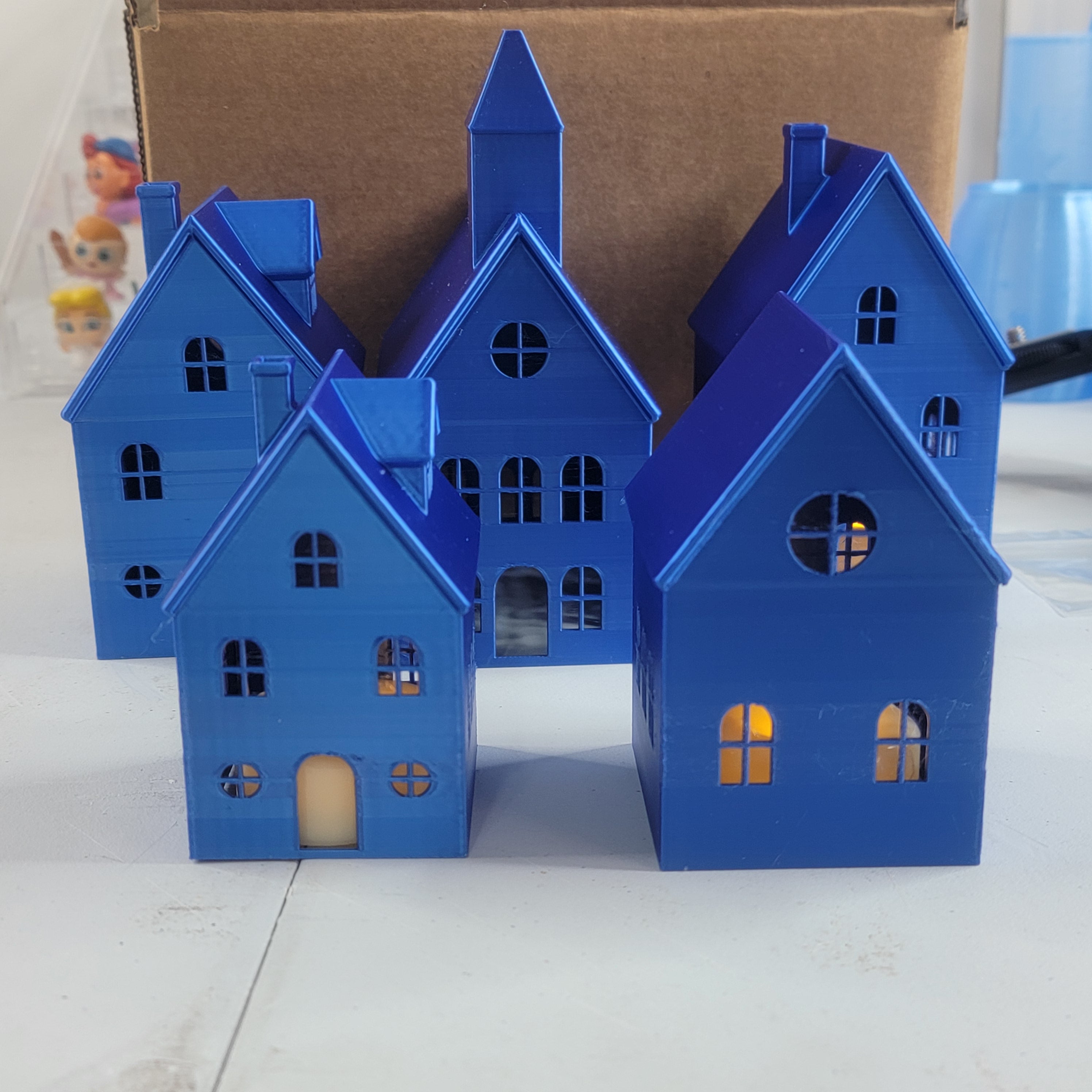 Blue Mini Village House Set – 3D Printed LED Light Houses | LMP Creations