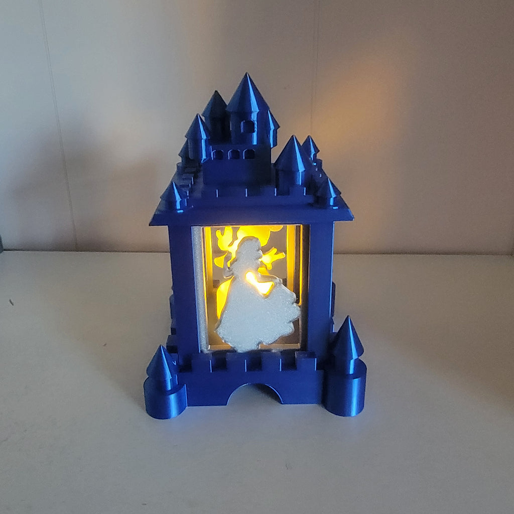 Enchanted Blue Castle Light Box – 3D Printed Fan-Made Lantern | Princess, Fairy & Mouse Silhouettes | LMP Creations