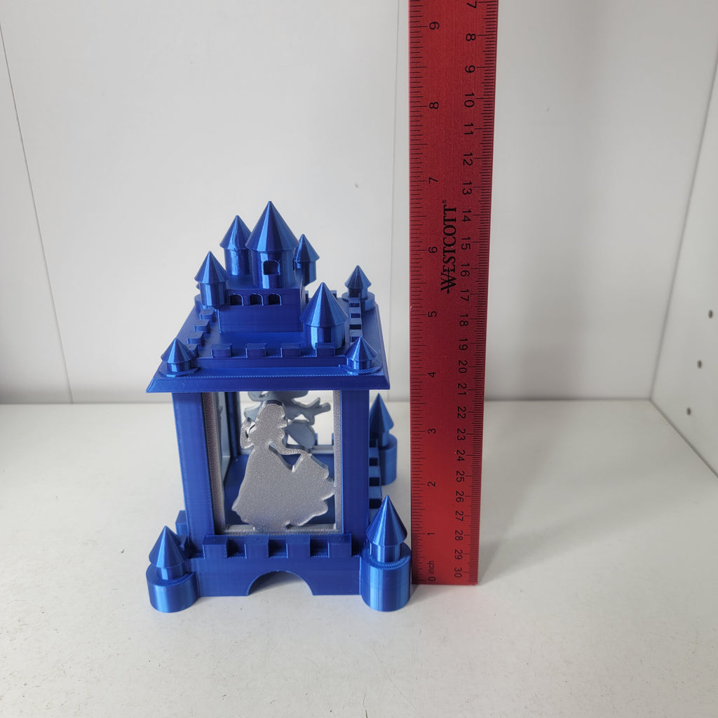 Enchanted Blue Castle Light Box – 3D Printed Fan-Made Lantern | Princess, Fairy & Mouse Silhouettes | LMP Creations